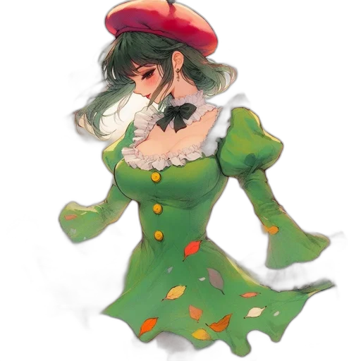dress, hat, concept art, watercolor, pixel art, fantasy art, green, monochrome transparent PNG cut-out