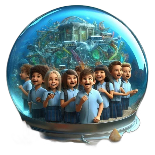 3d render, concept art, photorealistic, fantasy art, underwater, outer space, city street, children transparent PNG cut-out