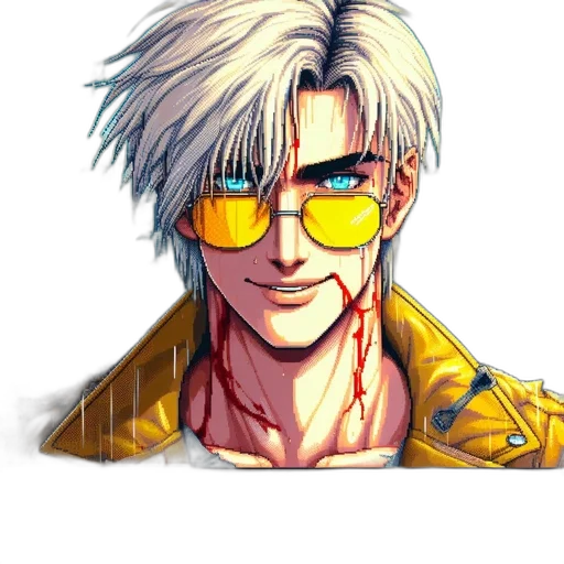 jacket, face, weapon, mask, cyberpunk, pixel art, comic book art, anime transparent PNG cut-out