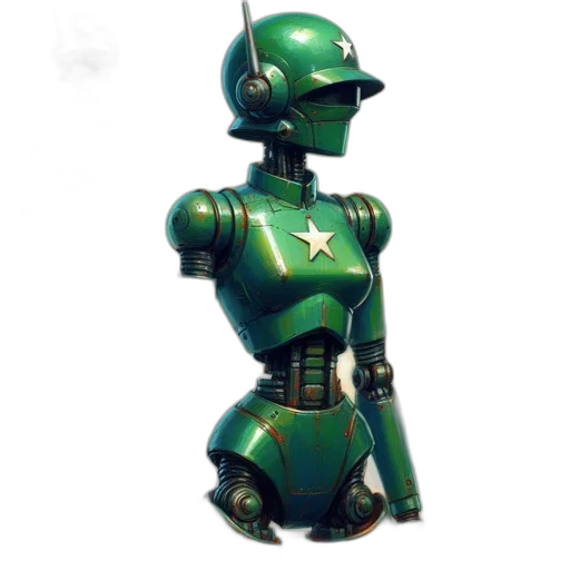 robot, 3d render, concept art, cyberpunk, pixel art, outer space, green, three-dimensional transparent PNG cut-out