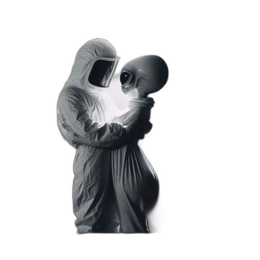 mask, jacket, robot, creature, concept art, 3d render, outer space, dimly transparent PNG cut-out