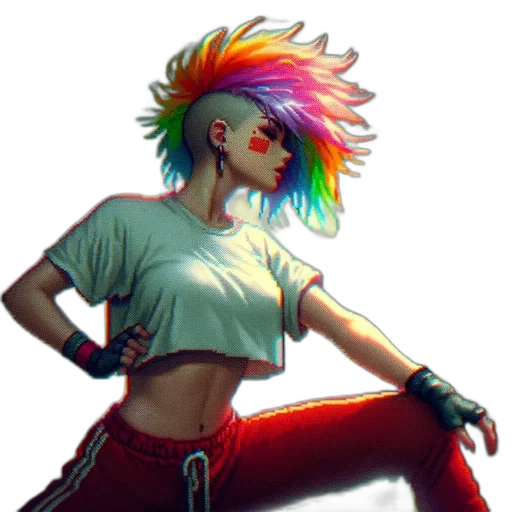 staff, jacket, hair, cyberpunk, concept art, pixel art, fantasy art, neon lights transparent PNG cut-out