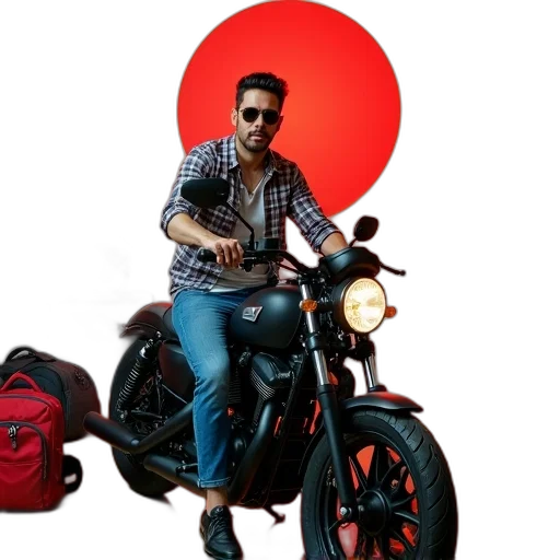photorealistic, 3d render, concept art, man, sitting, motorcycle, room, red transparent PNG cut-out