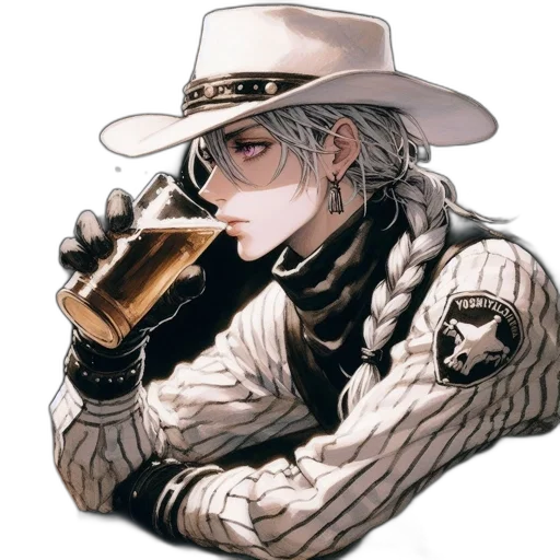 hat, weapon, concept art, pixel art, cyberpunk, comic book art, silver-haired, character transparent PNG cut-out
