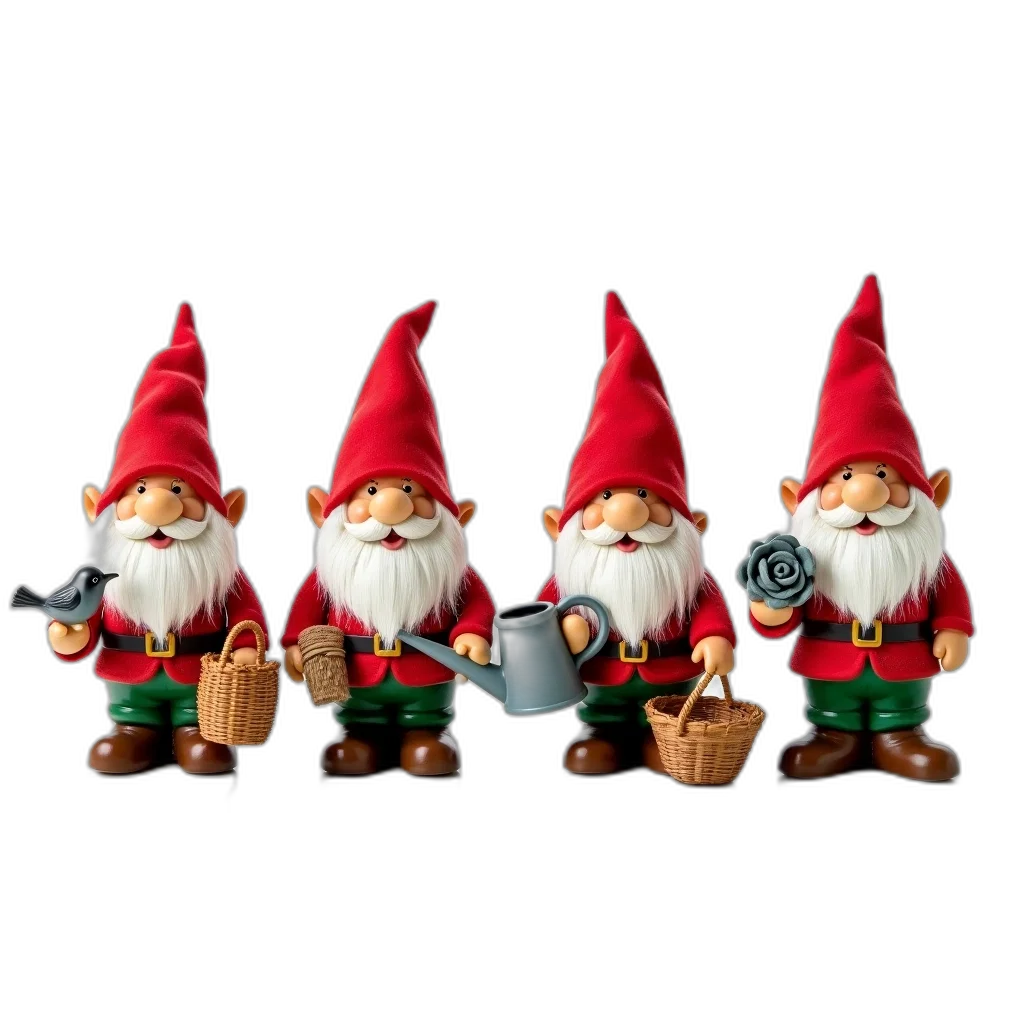 3d render, collection, four, garden, gnomes, arranged, white, background transparent PNG cut-out