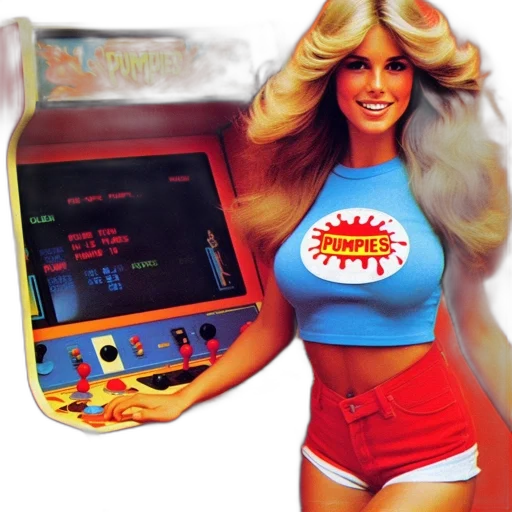 woman, retro, outfit, stands, beside, pumpies, arcade, machine transparent PNG cut-out
