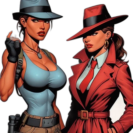 hat, comic book art, concept art, cartoon, two, women, face, off transparent PNG cut-out