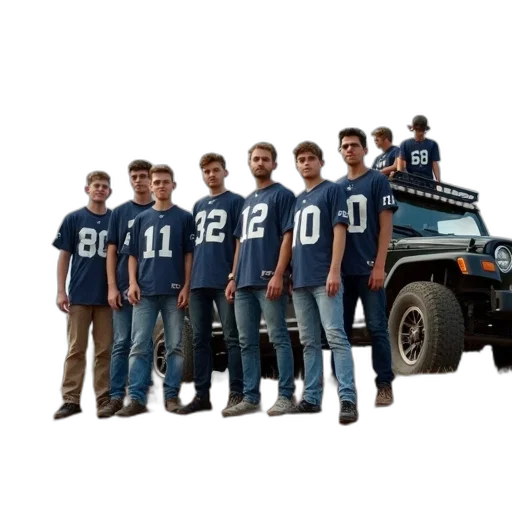 car, robot, group, young, men, wearing, football, jerseys transparent PNG cut-out
