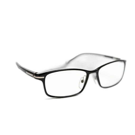3d render, photorealistic, pair, black-framed, glasses, silver, hinges, temples transparent PNG cut-out