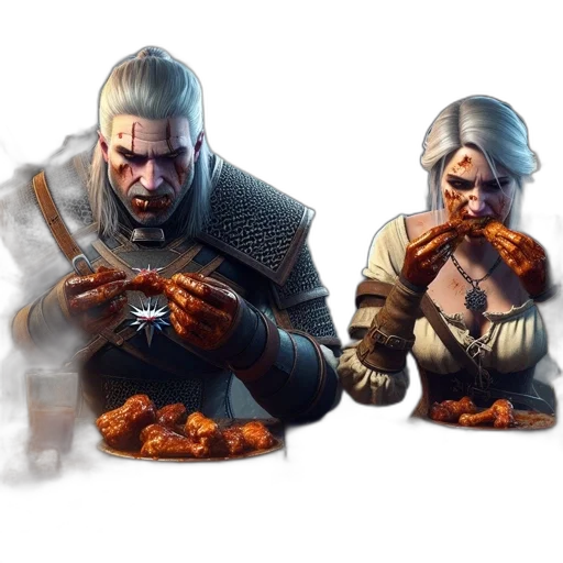 food, concept art, fantasy art, 3d render, photorealistic, two, characters, man transparent PNG cut-out