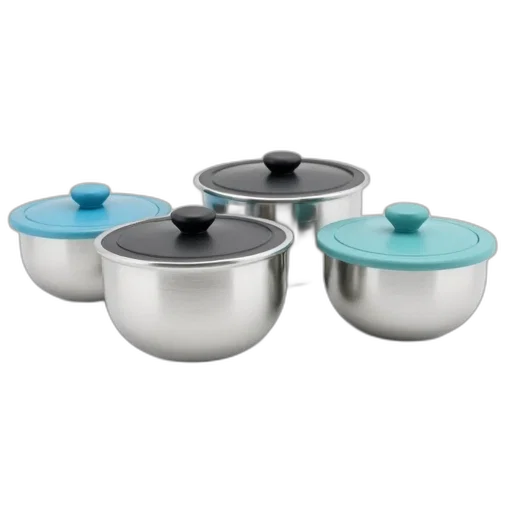 set, five, metallic, bowls, different, colored, lids, arranged transparent PNG cut-out
