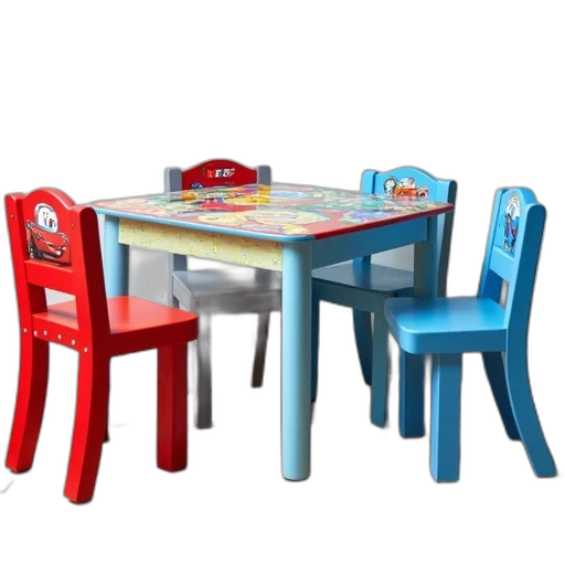 furniture, 3d render, colorful, blue, set, four, children, chairs transparent PNG cut-out