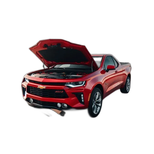 car, photorealistic, 3d render, red, chevrolet, truck, hood, open transparent PNG cut-out