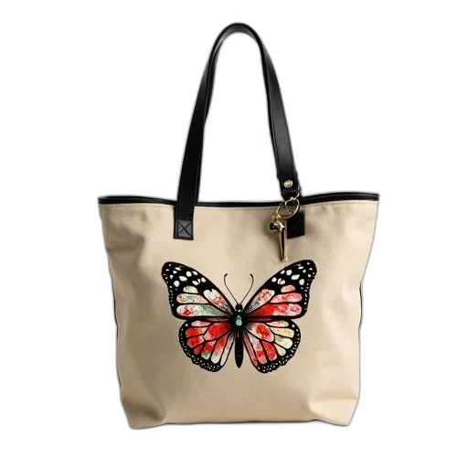 photorealistic, 3d render, beige, canvas, tote, bag, floral, pattern transparent PNG cut-out