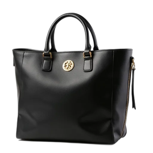 black, leather, tote, bag, gold-tone, logo, front, handle transparent PNG cut-out