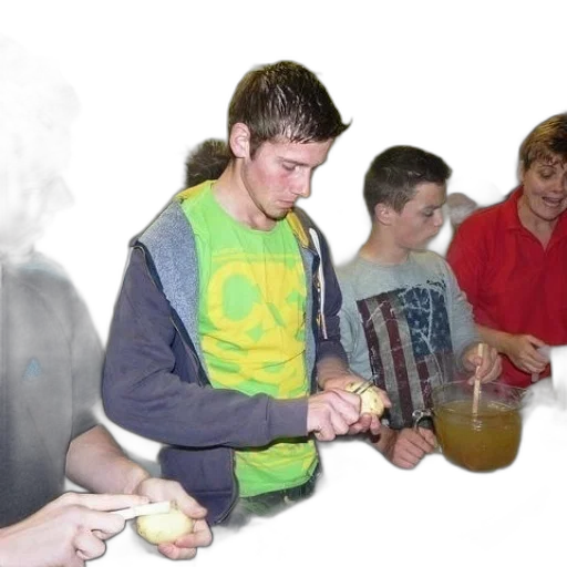 staff, food, jacket, fire, fog, group, young, men transparent PNG cut-out