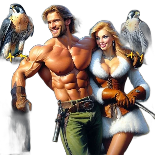 fantasy art, concept art, comic book art, photorealistic, physically, fit, man, woman transparent PNG cut-out