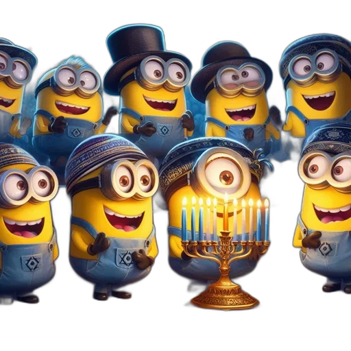 concept art, 3d render, ensemble, animated, yellow, minions, celebrate, hanukkah transparent PNG cut-out