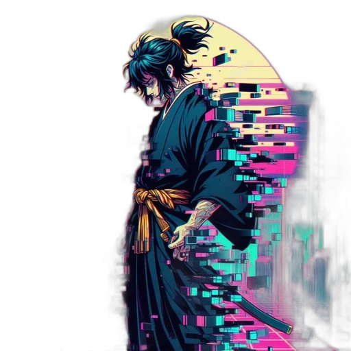 sword, jacket, weapon, dragon, cyberpunk, vaporwave, pixel art, concept art transparent PNG cut-out
