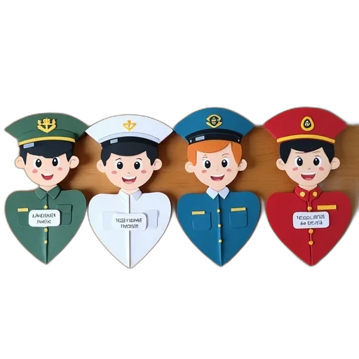 staff, cartoon, set, four, heart-shaped, paper, cutouts, characters transparent PNG cut-out
