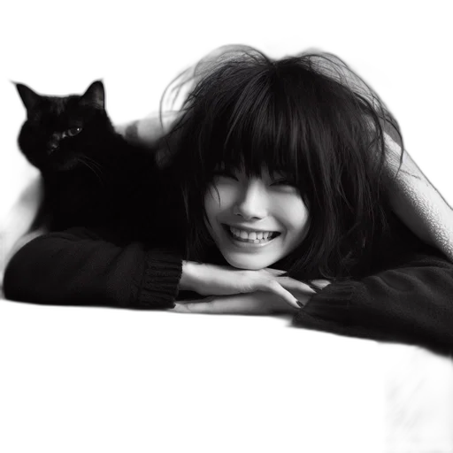 photorealistic, young, woman, tousled, hair, smiles, black, cat transparent PNG cut-out