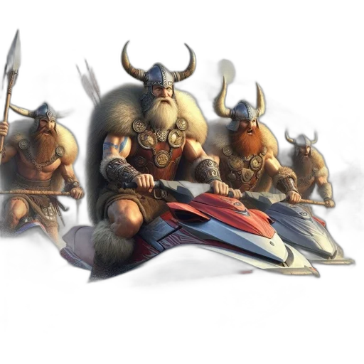 concept art, fantasy art, 3d render, comic book art, four, vikings, ride, jet transparent PNG cut-out