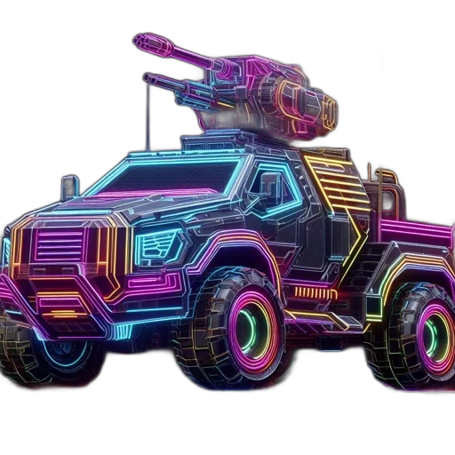 car, weapon, robot, concept art, 3d render, cyberpunk, vaporwave, neon transparent PNG cut-out