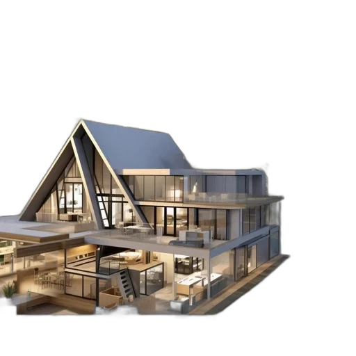 building, 3d render, concept art, photorealistic, modern, house, triangular, rooftop transparent PNG cut-out