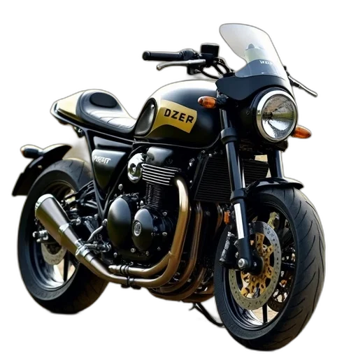 photorealistic, 3d render, concept art, black, gold, motorcycle, word, dzer transparent PNG cut-out