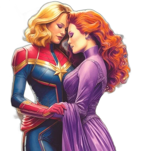 comic book art, concept art, cartoon, two, women, one, dressed, like transparent PNG cut-out