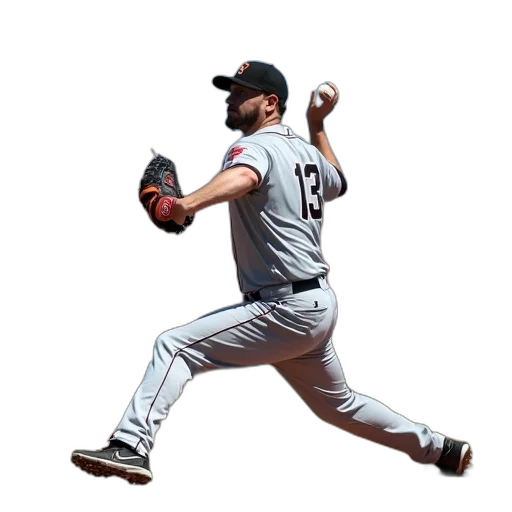 photorealistic, baseball, player, grey, uniform, number, back, pitching transparent PNG cut-out