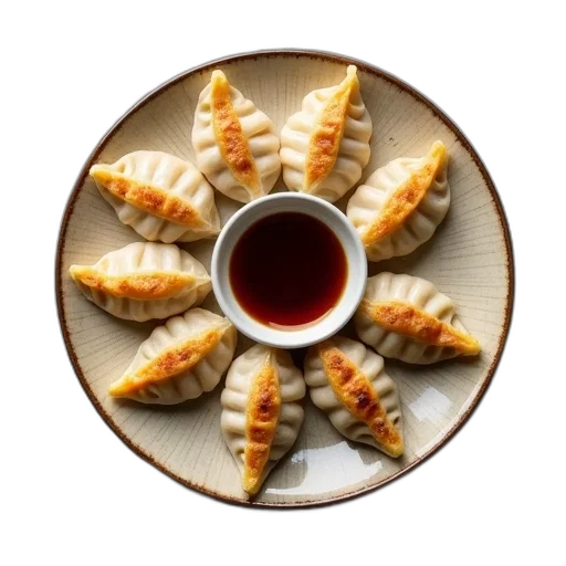 food, dragon, plate, steamed, dumplings, golden-brown, crust, arranged transparent PNG cut-out