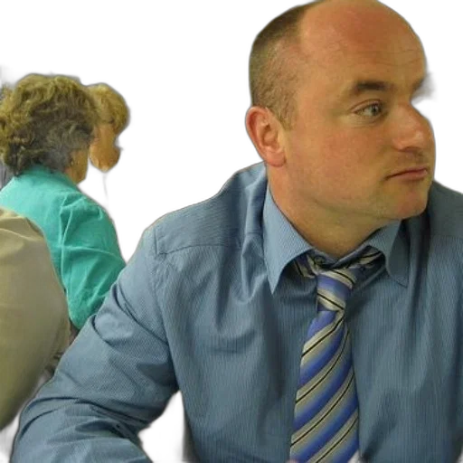 man, blue, shirt, striped, tie, sits, table, other transparent PNG cut-out