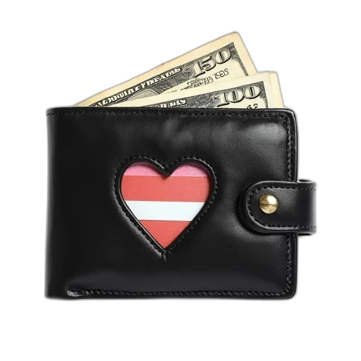 black, leather, wallet, heart-shaped, cutout, front, containing, various transparent PNG cut-out