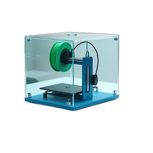 robot, 3d render, printer, transparent, glass, casing, displayed, white transparent PNG cut-out
