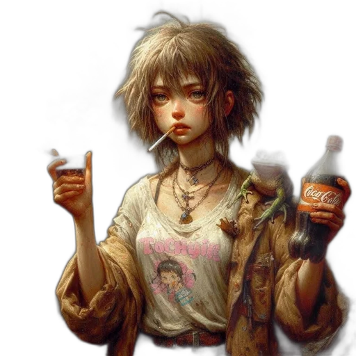 jacket, face, weapon, bottle, fantasy art, cyberpunk, concept art, photorealistic transparent PNG cut-out