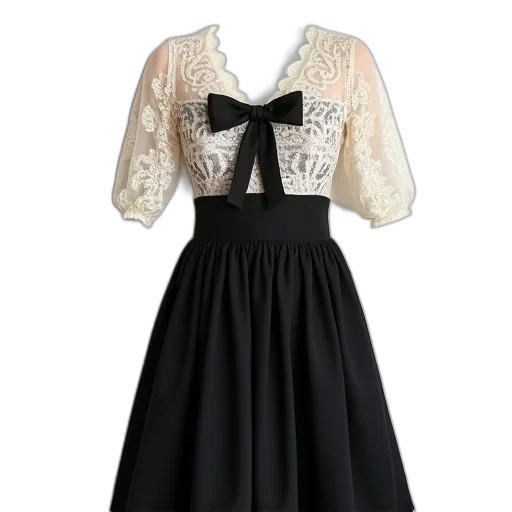 dress, monochrome, black, white, lace, overlay, bow, neckline transparent PNG cut-out