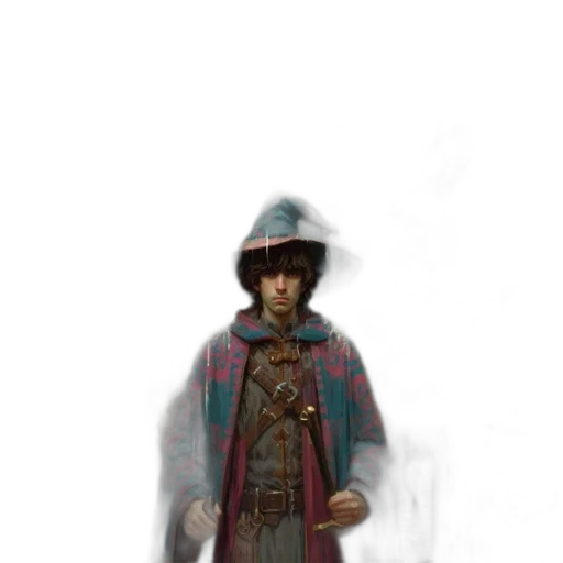 staff, jacket, hat, sword, concept art, fantasy art, pixel art, photorealistic transparent PNG cut-out