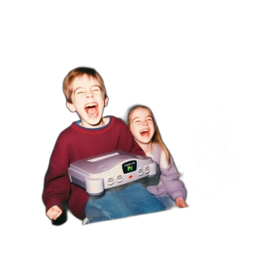robot, car, furniture, creature, two, kids, laugh, mouths transparent PNG cut-out