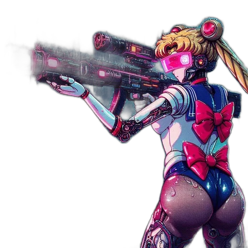 weapon, robot, cyberpunk, concept art, comic book art, anime, futuristic, cityscape transparent PNG cut-out