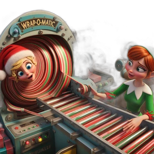concept art, 3d render, animated, film, festive, wrapper, factory, bustles transparent PNG cut-out