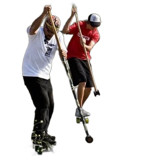 two, men, skateboarding, paved, path, sticks, their, hands transparent PNG cut-out