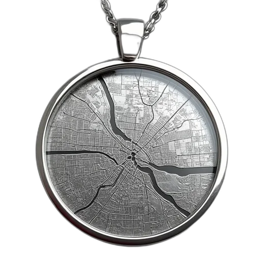 jewelry, detroit, map, necklace, displayed, silver, circular, circle transparent PNG cut-out