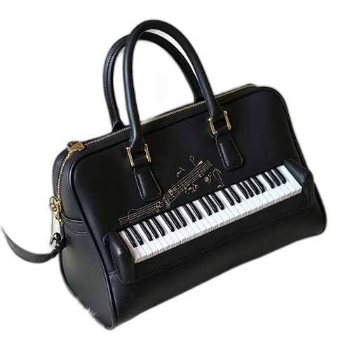 black, handbag, piano-themed, design, lying, white, carpet, bag transparent PNG cut-out