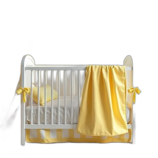 furniture, golden, white, crib, yellow, striped, bedding, ribbons transparent PNG cut-out