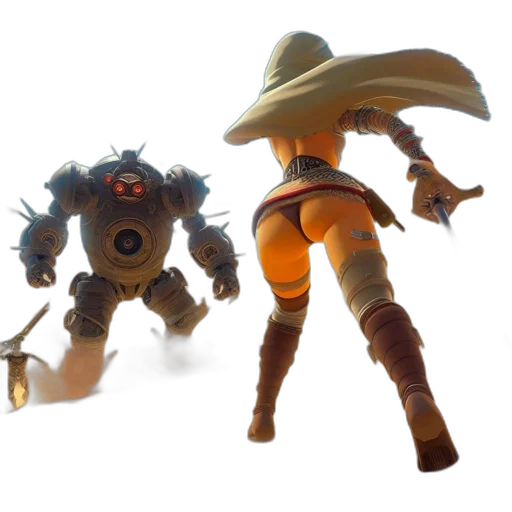 robot, weapon, staff, creature, concept art, 3d render, fantasy art, desert transparent PNG cut-out