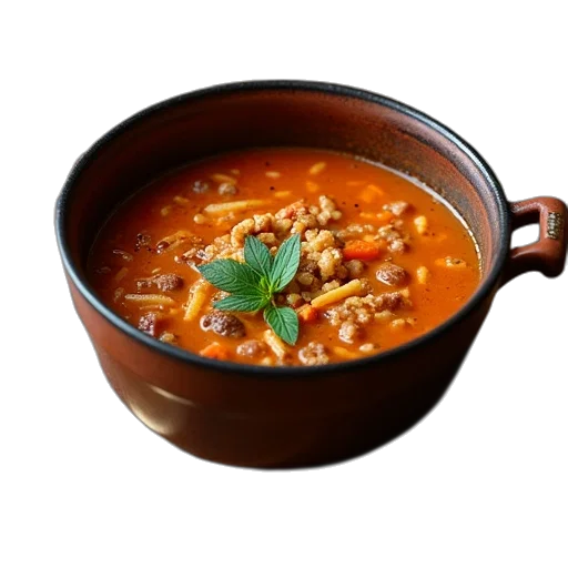 food, photorealistic, 3d render, finished, soup, pot, alongside, spoon transparent PNG cut-out