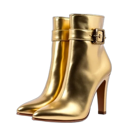shoes, golden, pair, gold, high-heeled, ankle, boots, pointed transparent PNG cut-out