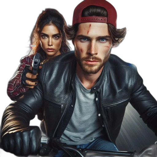 jacket, weapon, photorealistic, concept art, comic book art, two, individuals, injured transparent PNG cut-out
