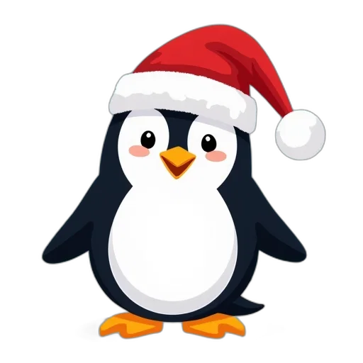 cartoon, penguin, wearing, santa, claus, hat, vector, color transparent PNG cut-out